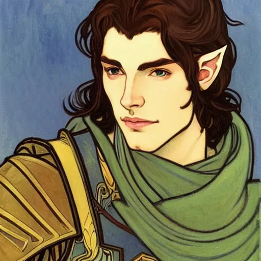 Image similar to painting of young handsome beautiful paladin elf!! man with long! wavy dark hair and blue eyes in his 2 0 s named taehyung minjun james fighting goblins, pale, wearing armor!, gorgeous hair, elf ears, icy eyes, elegant, cute, delicate, soft facial features, art by alphonse mucha, vincent van gogh, egon schiele,