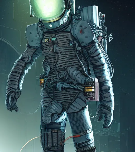 Image similar to realistic cyberpunk engineer with long limbs on a spacewalk, techwear, dead space, visible face, Industrial Scifi, detailed illustration, character portrait, by Martin Grip and Moebius