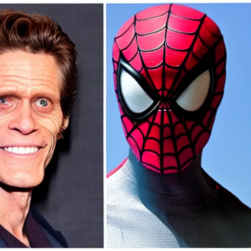 Image similar to spiderman with the head of willem dafoe