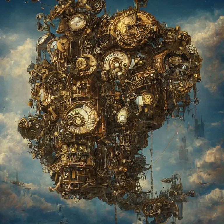 Image similar to flying city in a mechanical flower, sky!, fantasy art, steampunk, masterpiece, behrens style