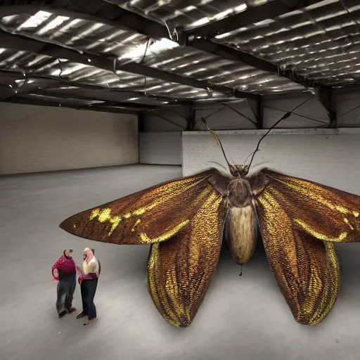 Prompt: a group of people gathered in a warehouse, worshipping a giant moth, highly detailed, 8 k, realistic,