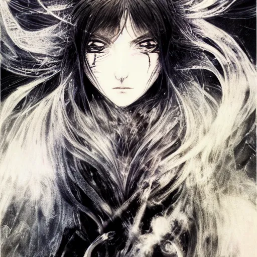 Image similar to Yoshitaka Amano blurred and dreamy illustration of an anime girl with wavy white hair and cracks on her face wearing Elden ring armour with the cape fluttering in the wind, abstract black and white patterns on the background, noisy film grain effect, highly detailed, Renaissance oil painting, weird portrait angle