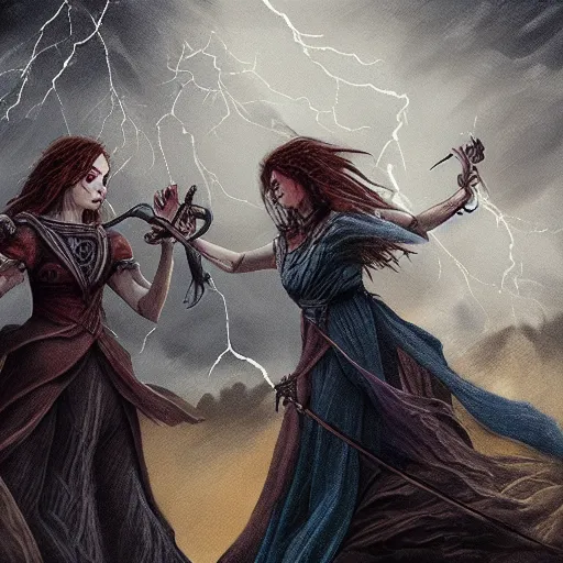 Prompt: a tarot card of a two female necromancers casting spells, ominous nighttime storm, fantasy, d & d, intricate, elegant, highly detailed, digital painting, artstation, concept art, matte, sharp focus, illustration