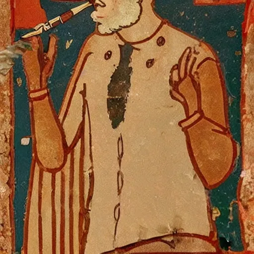 Image similar to fresco depicting Duke Nukem smoking a cigar found in a byzantine church dating back to the 12th century, intricate, highly detailed