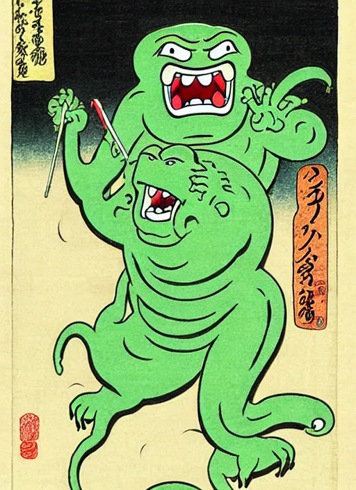 Image similar to slimer as a yokai illustrated by kawanabe kyosai and toriyama sekien