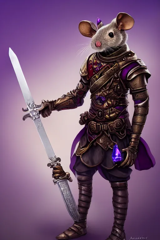 Image similar to armored mouse warrior holding a sword in one hand and reaching for a floating purple crystal with the other, trending on Artstation, RPG Portrait, 8k, UHD