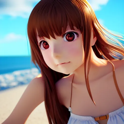 Prompt: Render of lovely 3d anime girl, long hair, hazel eyes, cute freckles, full round face, short smile, cute sundress, golden hour, serene beach setting, medium shot, mid-shot, highly detailed, trending on Artstation, Unreal Engine 4k