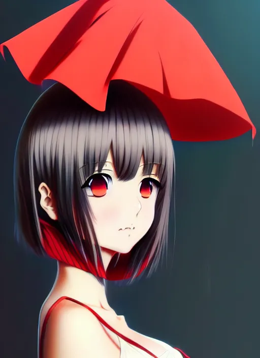 Image similar to anime portrait of a beautiful woman, medium long bob, straight bangs, wearing red gown, ilya kuvshinov, anime, pixiv top monthly, trending on artstation, cinematic, danbooru, zerochan art, kyoto animation