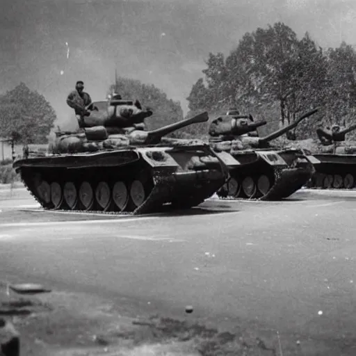 Prompt: a brave guy standing in front of 3 tanks lining up at an avenue, stopping them to advance