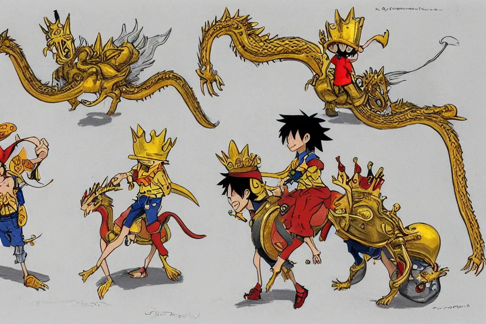 Image similar to concept sketches of a young luffy riding wearing a gold crown riding a large dragon by jamie hewlett, in the style of megaman