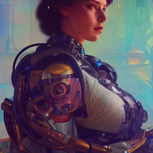 Image similar to cyberpunk woman | hyperrealistic | lush background | sci fi environment | action pose | digital painting | trending on artstation | pinup portrait | clean | illustration | dressed | unreal engine 5 | 8 k resolution | by greg rutkowski alphonse mucha gustav klimt and mel ramos