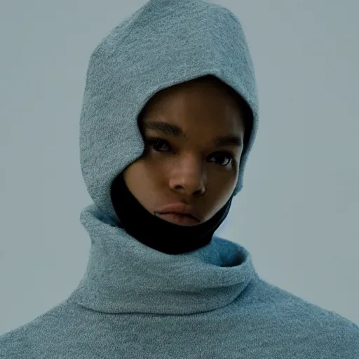 Image similar to realistic photoshooting for a new balenciaga lookbook, color film photography, portrait of a beautiful woman, model is wearing a balaclava mask, in style of tyler mitchell, 3 5 mm,