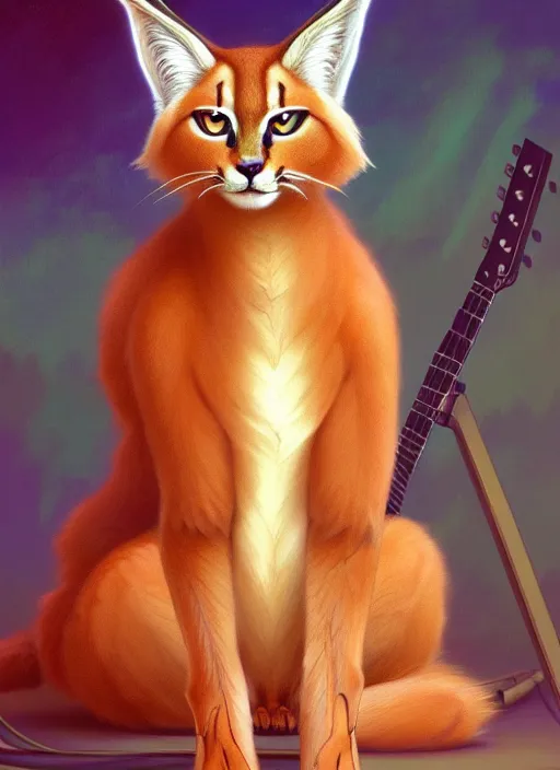 Image similar to cute fluffy caracal in pants sitting politely with electric guitar, facing the camera, anime art style, portrait, high detail, sharp focus, digital painting, artstation, concept art, art by hayao miyazaki and artgerm and greg rutkowski and alphonse mucha.