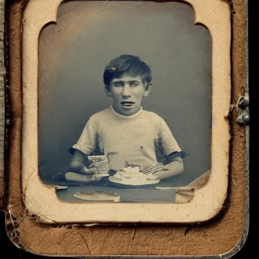 Image similar to a daguerrotype photo of a ugly boy man eating a cake, award winning photo