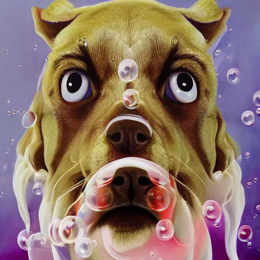 Image similar to high detail oil painting of a rabid dog, rabies, foam, bubbles made of emoji faces, trending on artstation