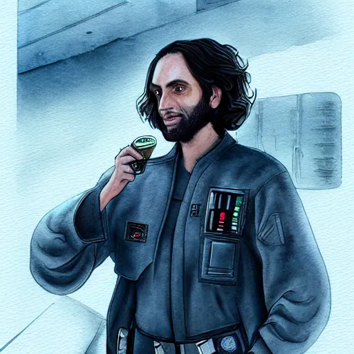 Image similar to a realistic star wars watercolor fantasy concept cart of chris d'elia as a drug dealer in a sleazy futuristic city of coruscant, hq, 4 k