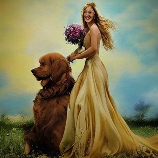 Image similar to woman in a wedding dress riding a giant golden retriever, trending on art station