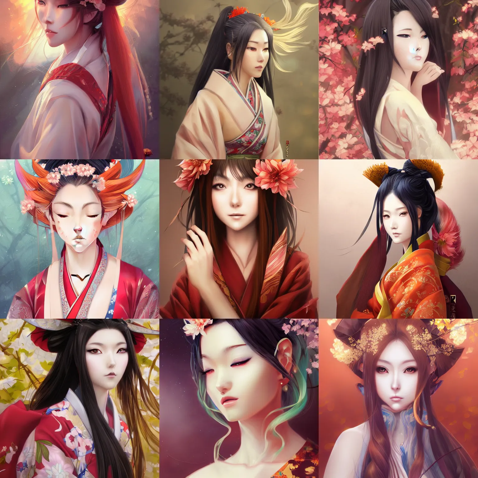 Prompt: A realistic anime portrait of a beautiful kitsune woman with a human face wearing a kimono, digital painting, by Stanley Artgerm Lau, WLOP, Rossdraws, LeraPi, and Sakimichan, digtial painting, trending on ArtStation, deviantart, SFW version