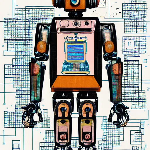 Image similar to a diagram of a robot body with various parts, cyberpunk art by eduardo paolozzi, behance contest winner, computer art, greeble, steampunk, poster art, james turrell, post it note art, optical illusion art, joseph stella, andy warhol, venus of willendorf, vintage robot, robot illustration