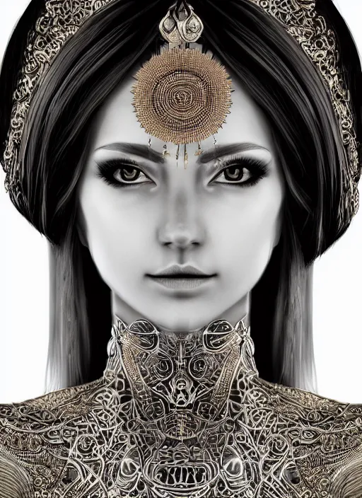 Prompt: beautiful full body concept art, photorealistic symmetrical beautiful face, symmetric eyes, female priestess with shiny hair wearing full intricate clothing, temple, godray, intricate lighting, micro detail, symmetric hands, cg society