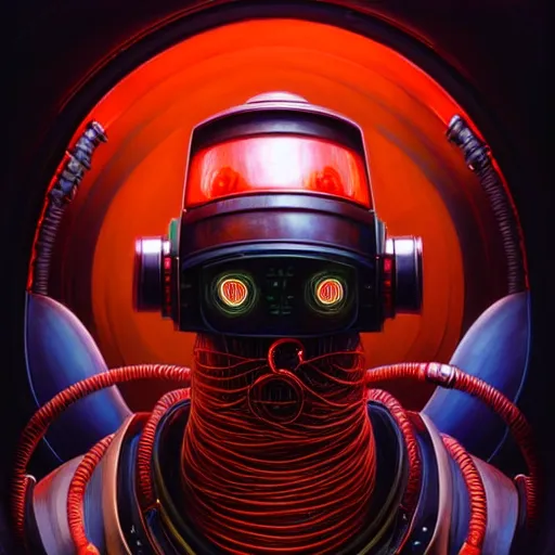 Prompt: low angle shot of a cyberpunk gazmask robot character with red wires behind from top, intricate, elegant, highly detailed, centered, digital painting, artstation, concept art, smooth, sharp focus, illustration, artgerm, Tomasz Alen Kopera, Peter Mohrbacher, donato giancola, Joseph Christian Leyendecker, WLOP, Boris Vallejo