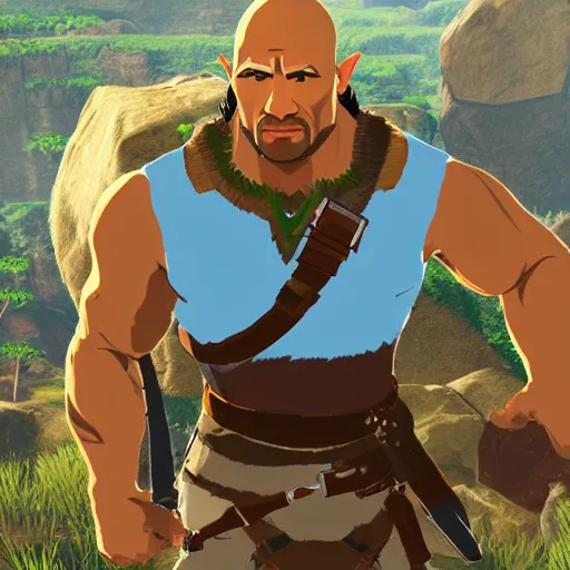 Prompt: dwayne the rock johnson as zelda breath of the wild character screenshot from zelda breath of the wild game