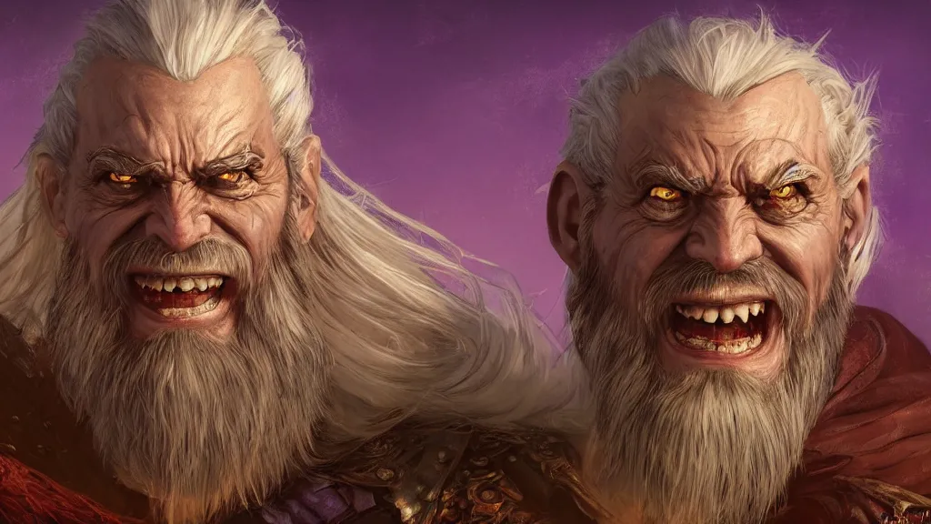 Image similar to bright, colorful, realistic, detailed from Elder Scrolls: Shivering isles concept art of The Mad God Sheogorath with a madsmile, combed white short beard and slicked back white hair backlighting, kodachrome, high contrast, highly detailed, sharp focus, digital painting, concept art, illustration, trending on artstation, comic book by Alex Ross and Adam Adamowicz cover art