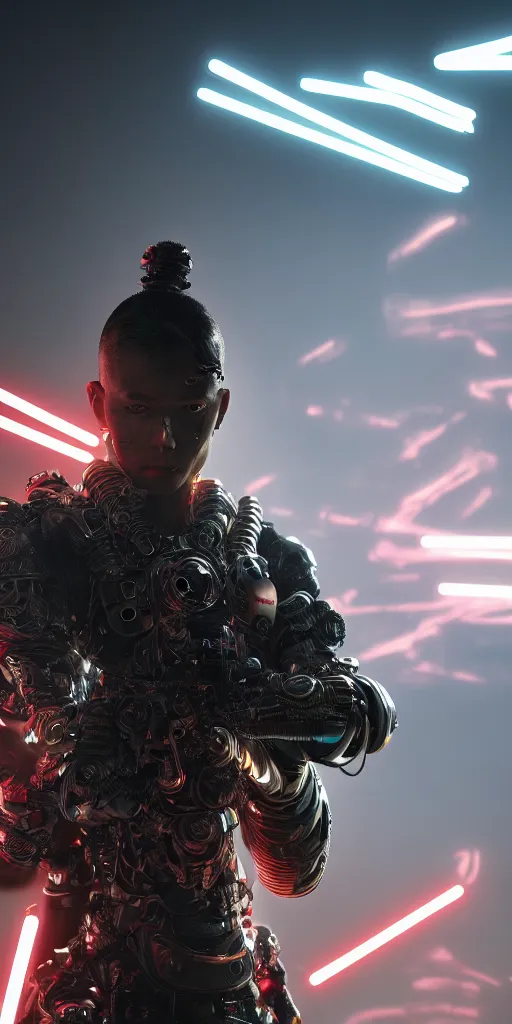 Image similar to ultra realistic and intricate detailed photograph of a cyborg samurai surrounding by neon lights, hyperrealistic, detailed, depth of field, High definition, 8k, depth of field, octane render, artstation