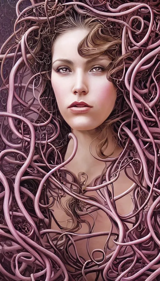 Image similar to very detailed portrait of a 2 0 years old girl surrounded by tentacles, the youg woman visage is blooming from fractal and vines, by rob hefferan