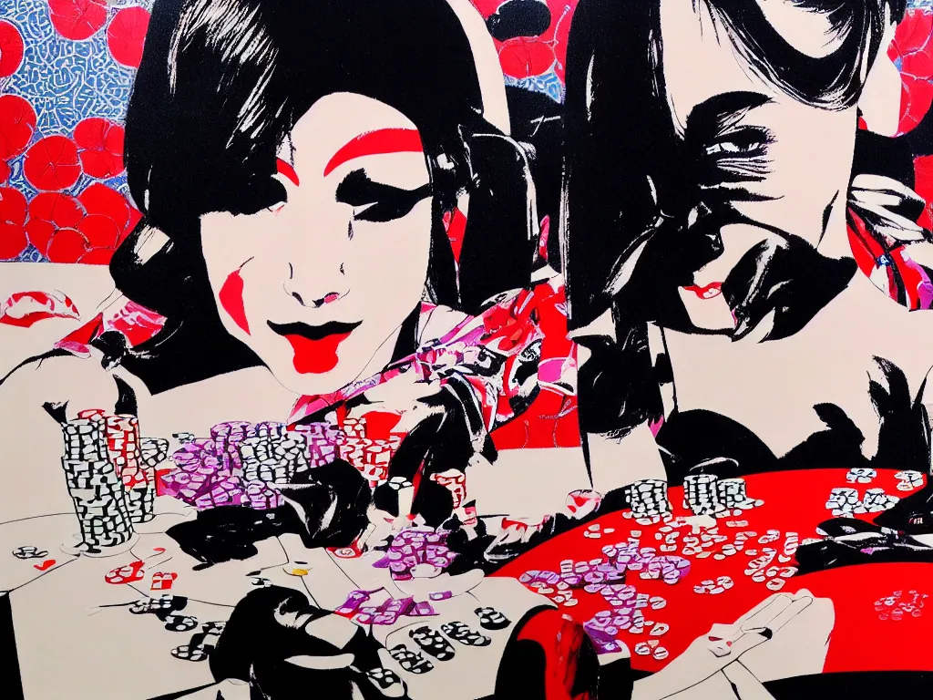 Image similar to hyperrealism composition of the detailed woman in a japanese kimono sitting at an extremely detailed poker table with darth vader, fireworks on the background, pop - art style, jacky tsai style, andy warhol style, acrylic on canvas