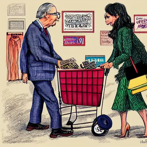 Image similar to The Artwork of R. Crumb and his Cheap Suit Mitch McConnell and Nancy Pelosi go shopping, pencil and colored marker artwork, trailer-trash lifestyle