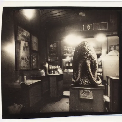 Prompt: a beautiful old Polaroid picture of a lovecraftian monster inside a coffee shop, award winning photography