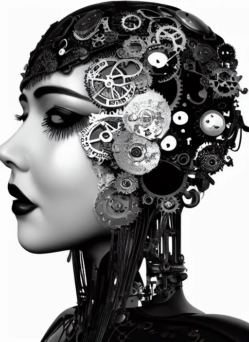 Prompt: black and white dreamy profile face portrait, one silver steampunk eye biomechanical beautiful angelic young female cyborg - robot bust, body ribs meshes,, volumetric light, hibiscus flowers, rim light, big gothic fashion pearl embroidered collar, 1 9 3 0, 8 k