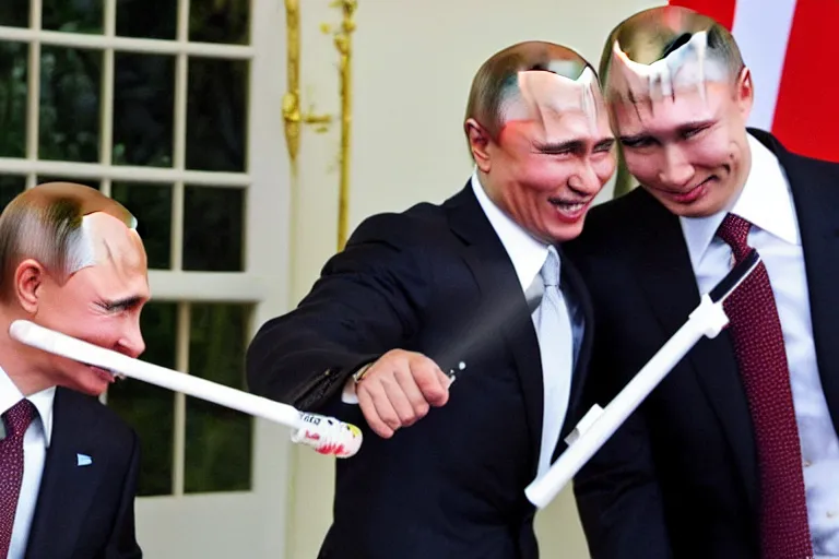 Image similar to barrack Obama and Vladimir Putin holding water guns to each other’s heads while smiling and crying, 8K New York Times Photography TMZ