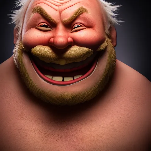 Image similar to gragas from league of legend smiling, fantasy, EOS R5, f/1.8 , HDR, natural lighting , award winning photograph, 8k, Mucha style,