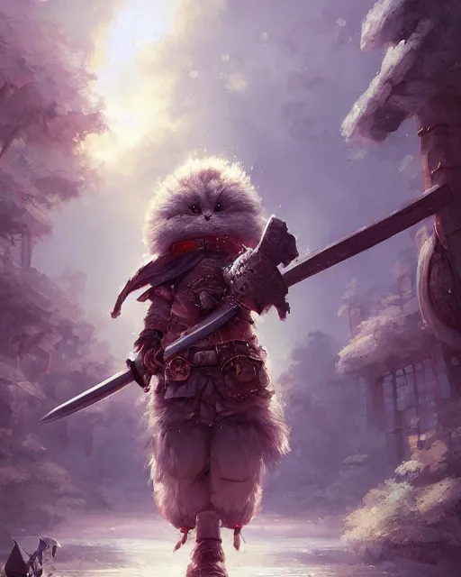 Prompt: whimsical fluffy warrior of hiyabusa square, scarf, sword and shield, close up, details, sharp focus, elegant, highly detailed, illustration, by jordan grimmer greg rutkowski wlop maya takamura, intricate, trending artstation, pixiv, digital art