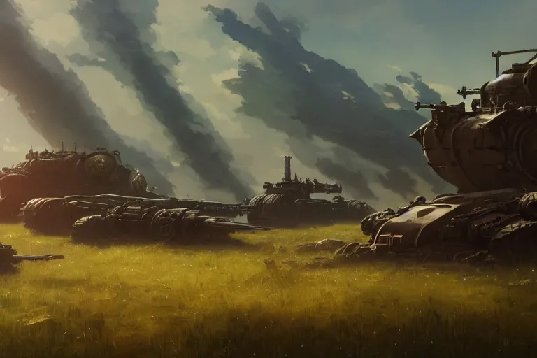 Prompt: concept art of an open field with ruined dieselpunk orcish tanks in the background, key visual, ambient lighting, highly detailed, digital painting, artstation, concept art, sharp focus, by makoto shinkai and akihiko yoshida and hidari and wlop