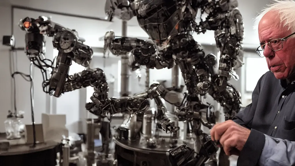 Prompt: bernie sanders putting the finishing touches on a cute clockwork doomsday robot, cinematic moody lighting, sharp focus, dirty laboratory, imax