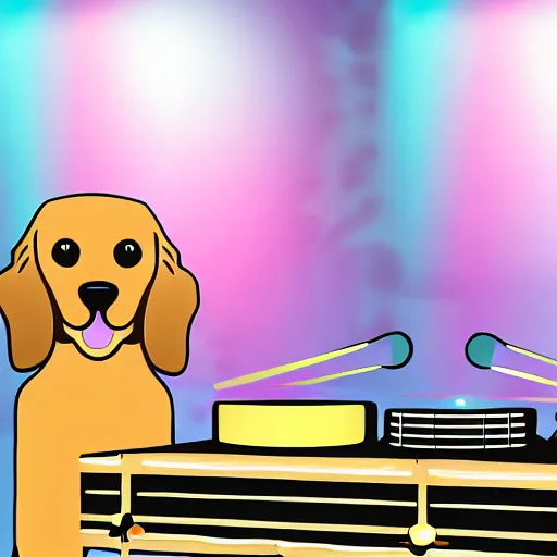 Image similar to a DJ golden Retriever playing at a nightclub, illustration