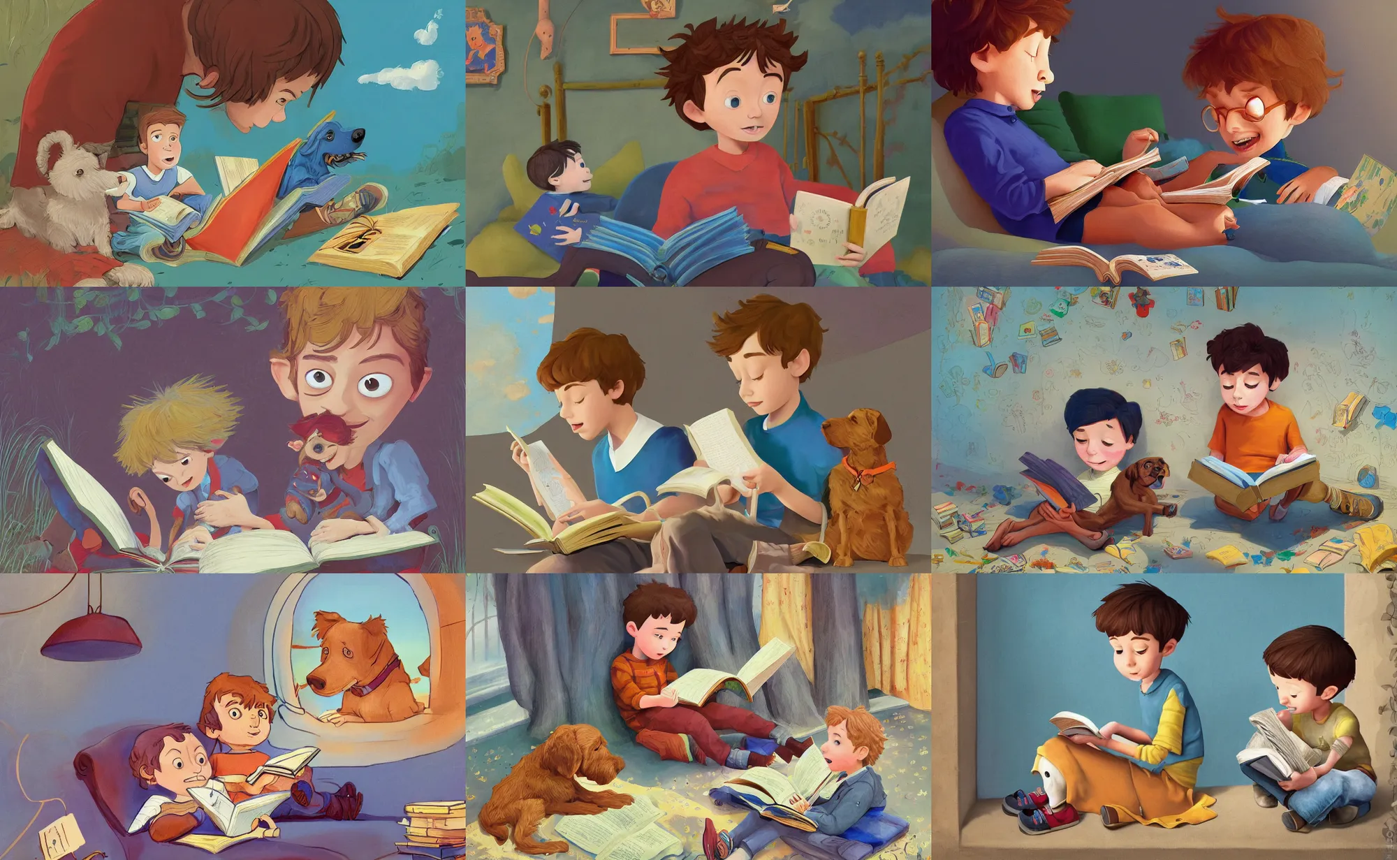 Prompt: children illustration : boy with dog reading a book. clement hurd, e. h. beatrice blue, julia sarda, loish, pauline baynes, pixar, goro fujita, neil gaiman, tim burton. colorful. rich. stylized. highly detailed 8 k. intricate.