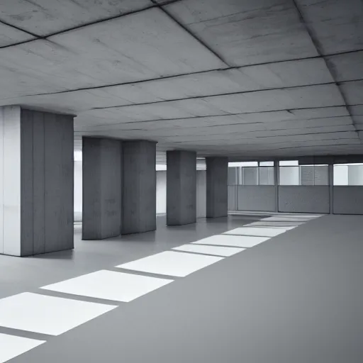 Image similar to symmetry, parallel perspective, parallax mapping of brutalist office, minimalist architecture, minimalist furniture, octane render, high quality