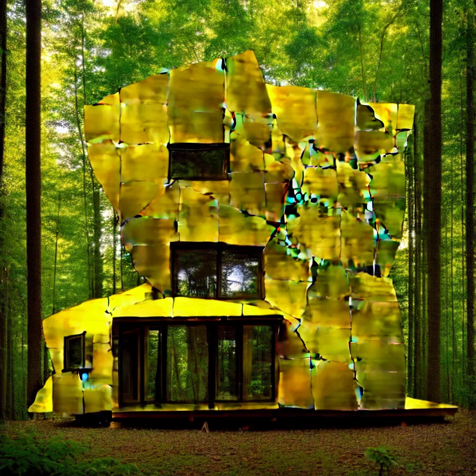 Image similar to a tiny tiny house with big tiles, from far away, in a forest, designed by frank gehry. film grain, cinematic, yellow hue