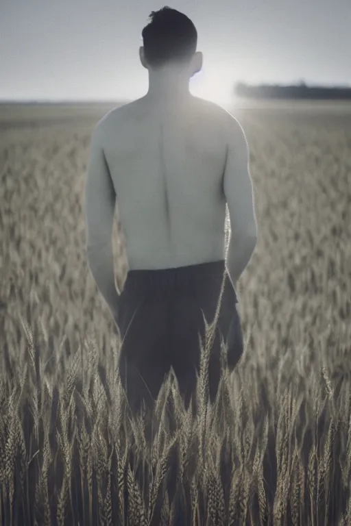 Prompt: agfa vista 4 0 0 photograph of a guy with intricate back tattoos standing in a wheat field, back view, lens flare, moody lighting, moody vibe, telephoto, 9 0 s vibe, blurry background, grain, tranquil, calm, faded!,