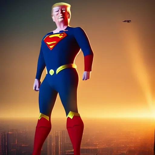 Image similar to donald trump as superman. intricate abstract. intricate artwork. by tooth wu, wlop, beeple, dan mumford. octane render, trending on artstation, greg rutkowski very coherent symmetrical artwork. cinematic, hyper realism, high detail, octane render, 8 k, iridescent accents