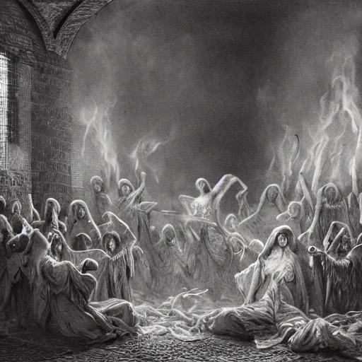 Image similar to seven angels come forth and receive seven bowls full of the wrath of god, smoke fills the temple so that no one can enter till the plagues of the seven angels have been complete, by gustave dore and stephen hickman and allen williams, trending on artstation, cgsociety, 4 k hd, earthtone colors, skulls in the smoke, an open canvas tent in the background