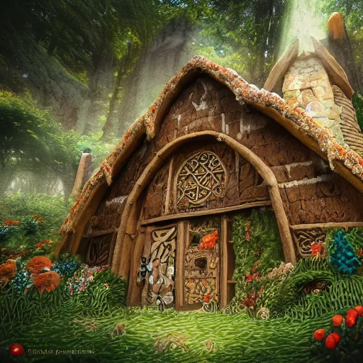 Prompt: a medieval hobbit house made of ginger bread, ornate, beautiful, atmosphere, vibe, flowers, concept art illustration, color page, 4 k, tone mapping, doll, akihiko yoshida, james jean, andrei riabovitchev, marc simonetti, yoshitaka amano, digital illustration, greg rutowski, volumetric lighting, sunbeams, particles