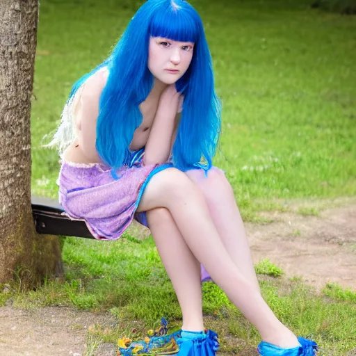Image similar to dslr photo of a pretty young woman, full bodied portrait, with blue hair, sitting on a bench wearing a flower skirt, and body and wearing hemp sandals and a very detailed faerie necklace around neck, very high quality face, intricate details, extremely high quality, moody lighting, real camera, real photo 8 k, full subject in shot
