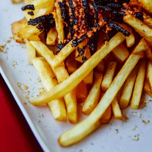 Prompt: french fries pile, burnt with ketschup - t