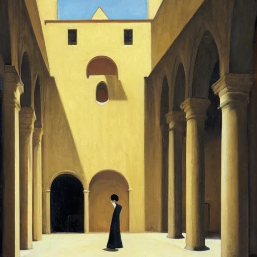 Image similar to in the distance, a little girl with short black hair and wearing a yellow coat alone in the inner courtyard of a cloister in an abbey, the light is bright and wintry, painting by hopper and de chirico