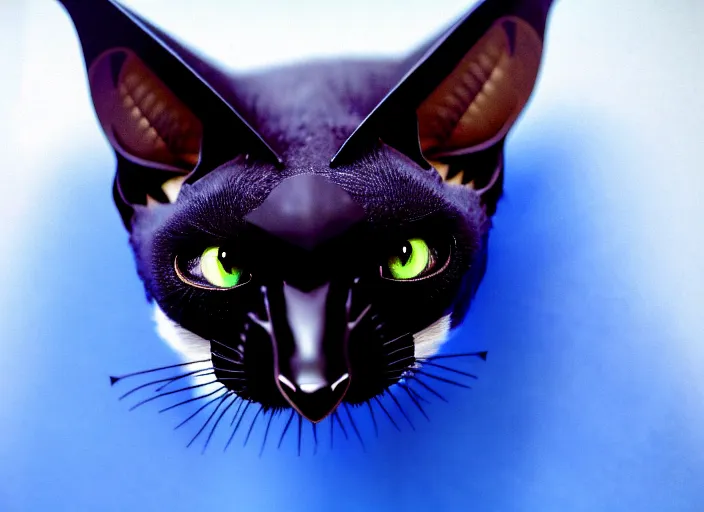 Image similar to a blue - and - black male catbat fursona with blue / green heterochromatic eyes ( differently - colored eyes, one eye green, one eye blue ) and huge bat ears, photo of the catbat streaming on his computer